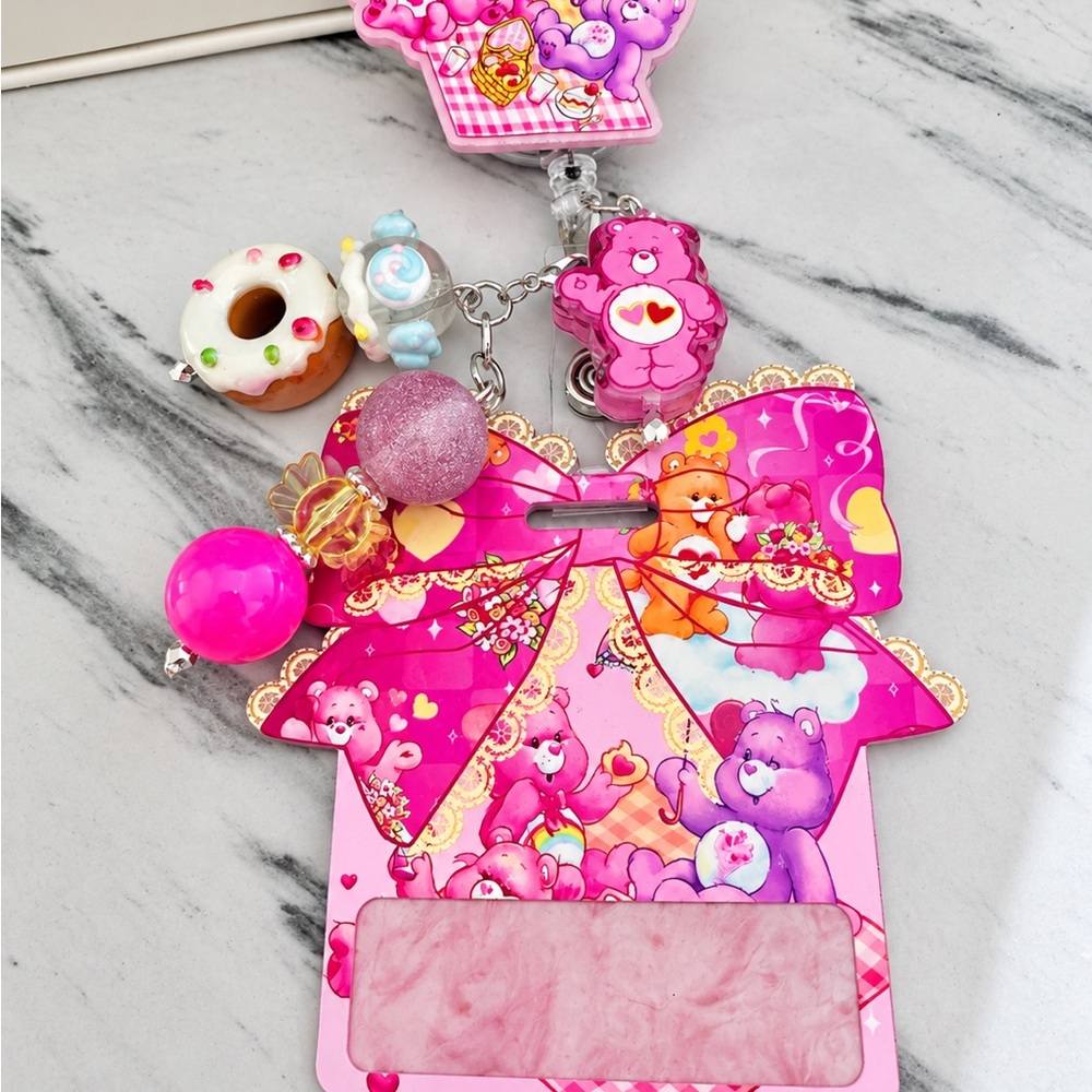Care Bears Bright Pink Bow Badge Holder with Charms, Badge Reel alligator clip!